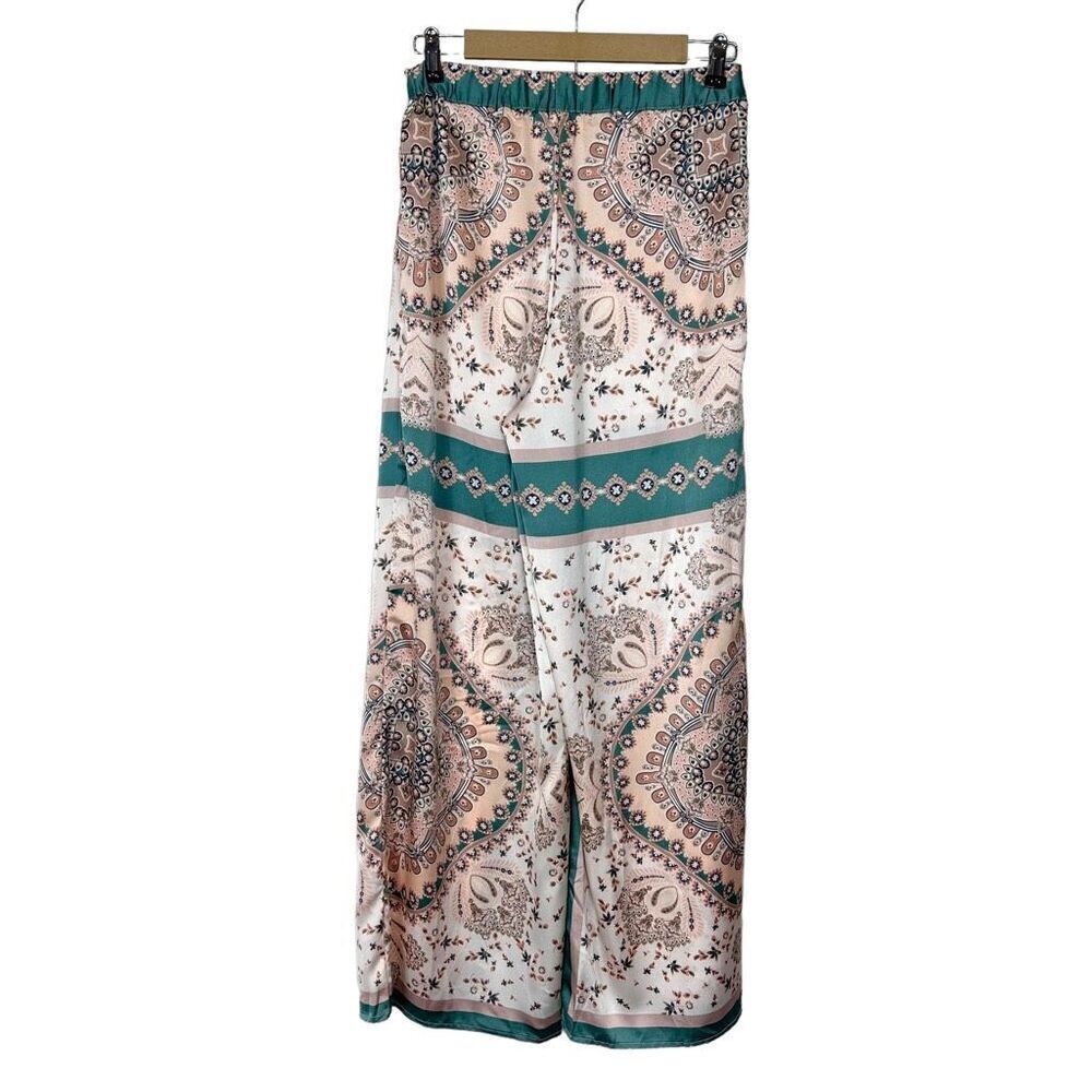 Entro Patchwork Silky Pants Medium Green Cream Wi… - image 6